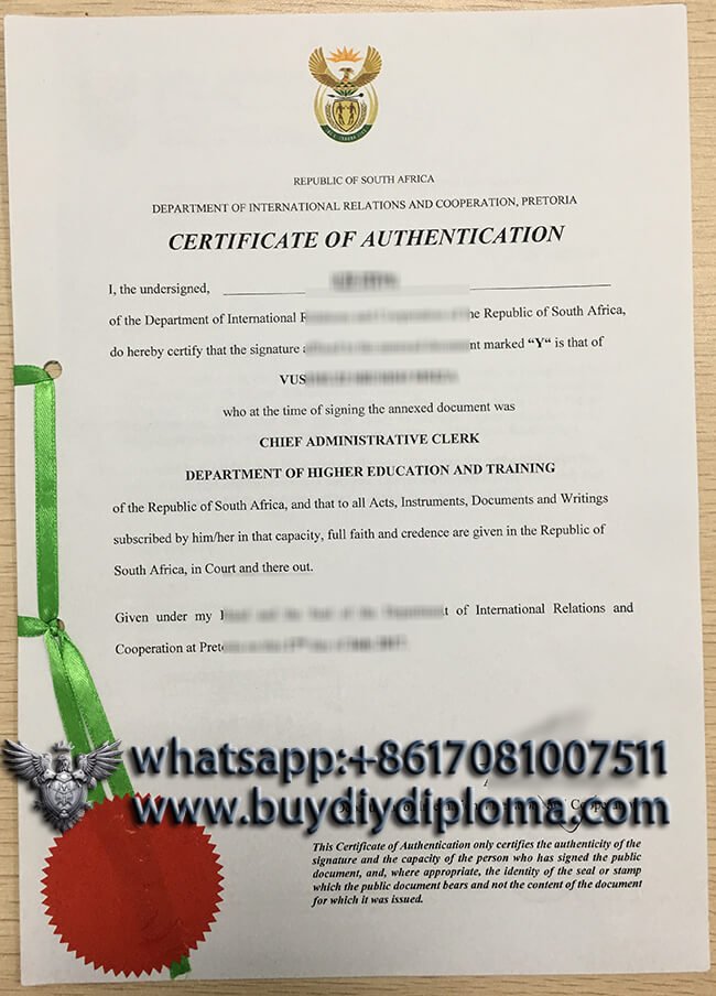 South Africa Certificate of Authentication