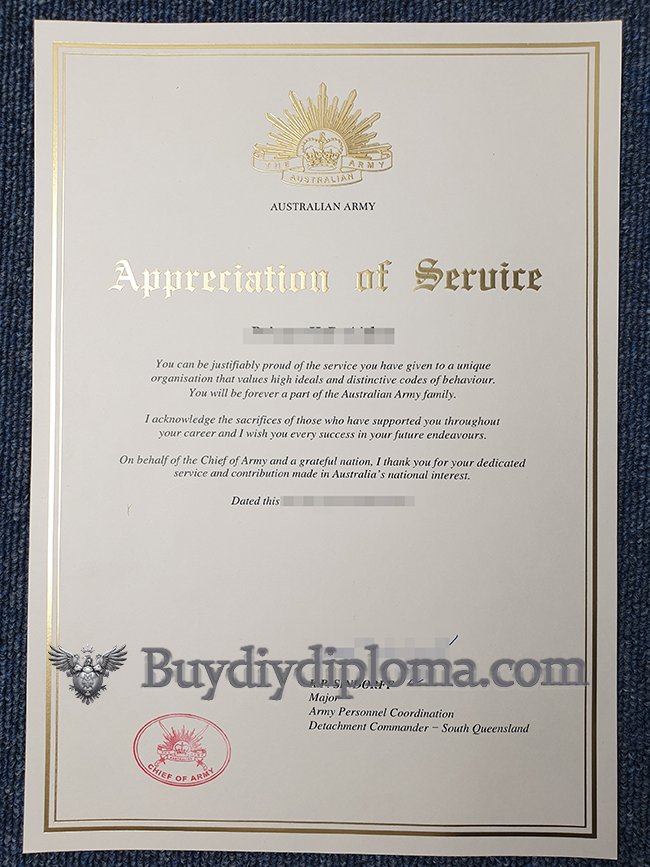 The fake document of Appreciation of service from the Australian army for sale