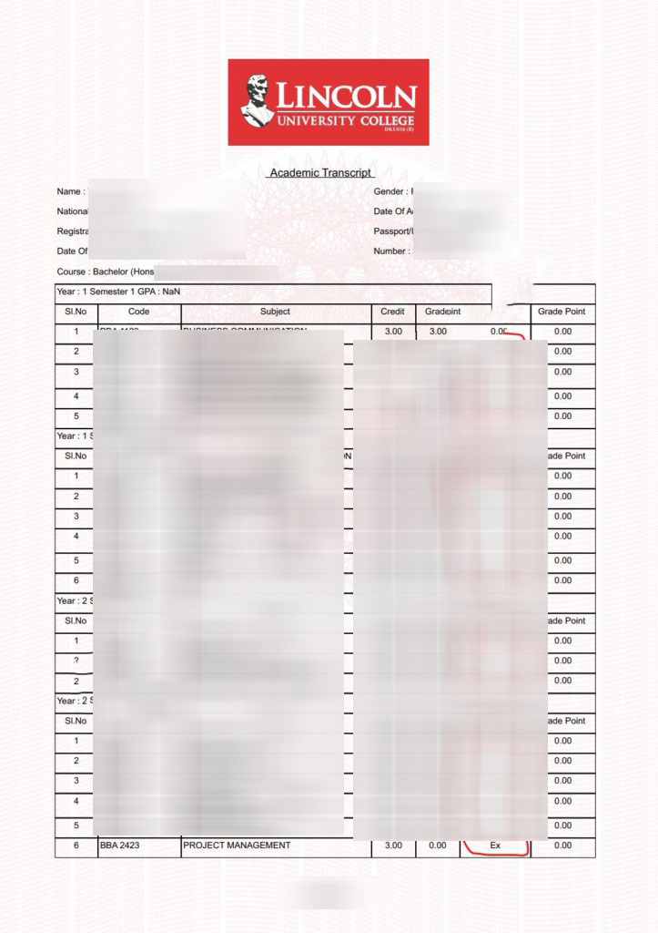 Lincoln University College transcript