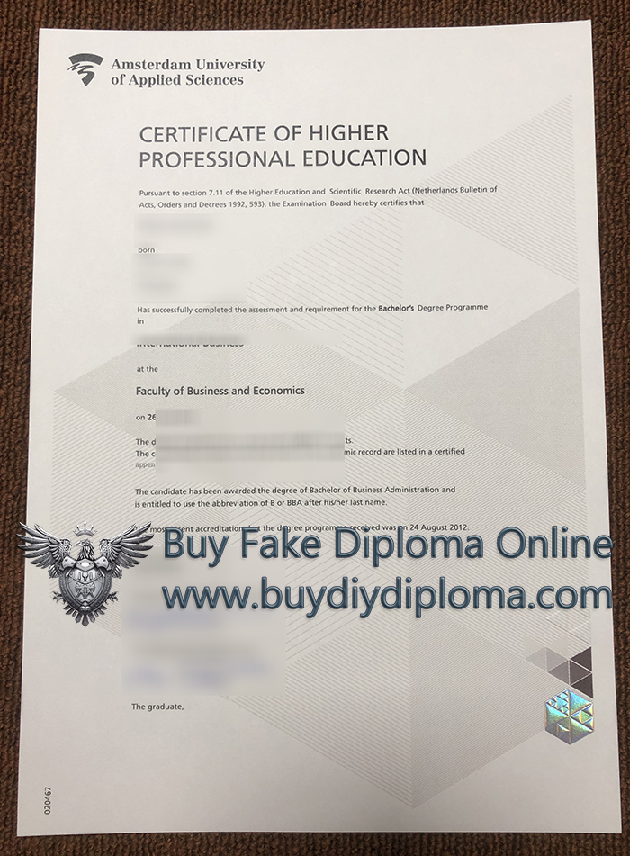 Amsterdam University of Applied Sciences Certificate