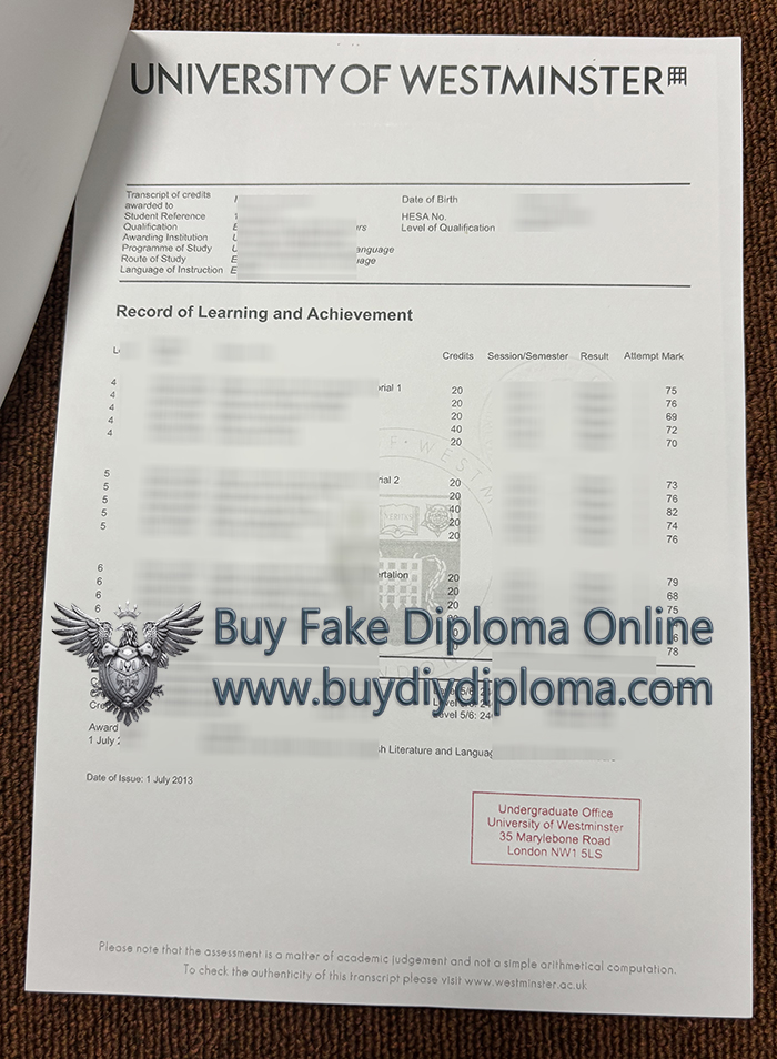 University of Westminster transcript